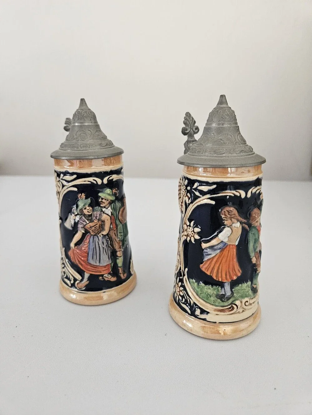 German Stoneware Bavarian Folk Cobalt Blue Steins Pewter Lids x 2 | SZ 5